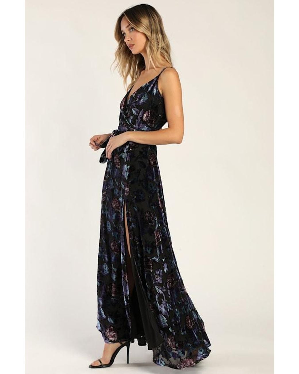Lulus Blue Pretty Companion Floral Velvet Burnout Maxi Dress