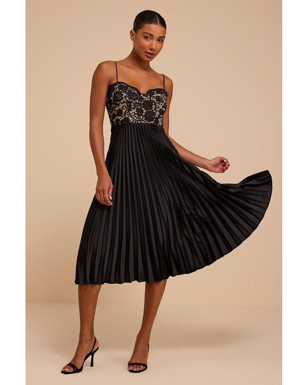 Lulus Black Shea Lace Pleated Midi Dress