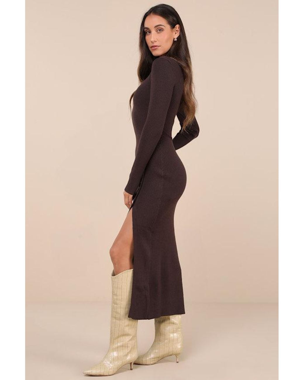 Lulus Natural Refined Attitude Ribbed Side Button Midi Sweater Dress