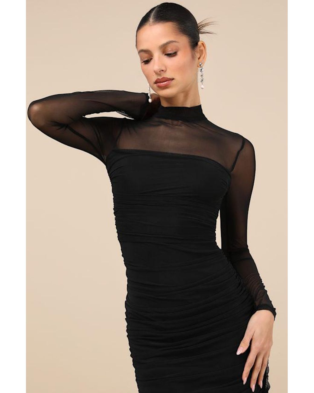 Lulus Black Impressive Flirt Mesh Ruched Mock Neck Midi Dress