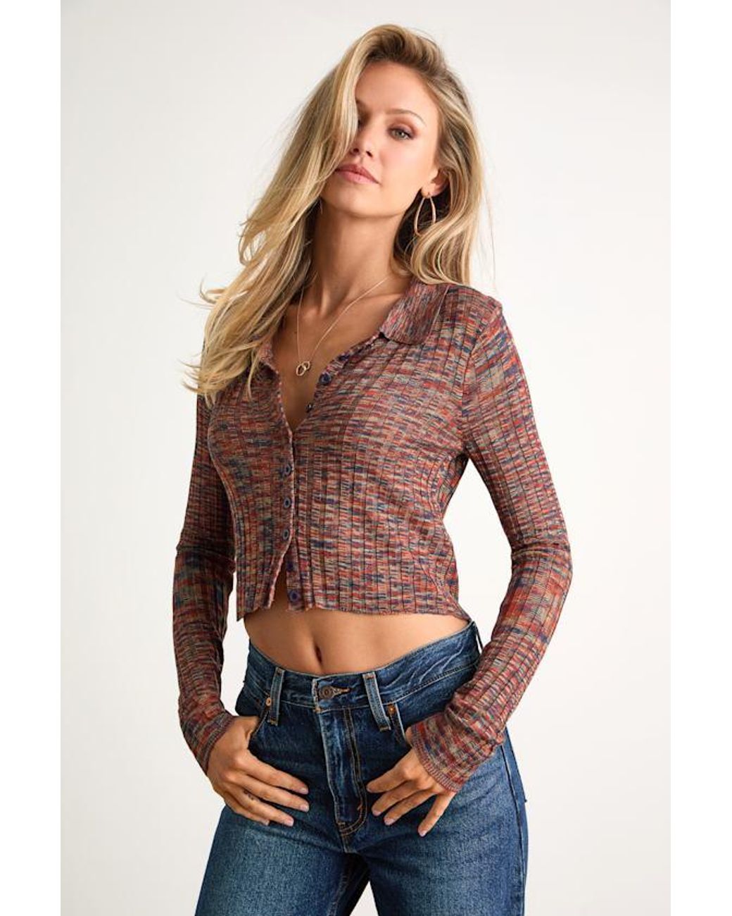 Lulus Avra Rust Multi Space Dye Collared Cardigan Sweater Top