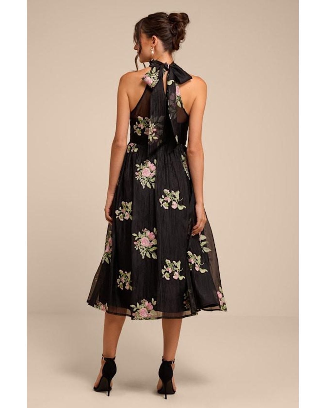 Lulus Black Kira Embroidered Halter Midi Dress