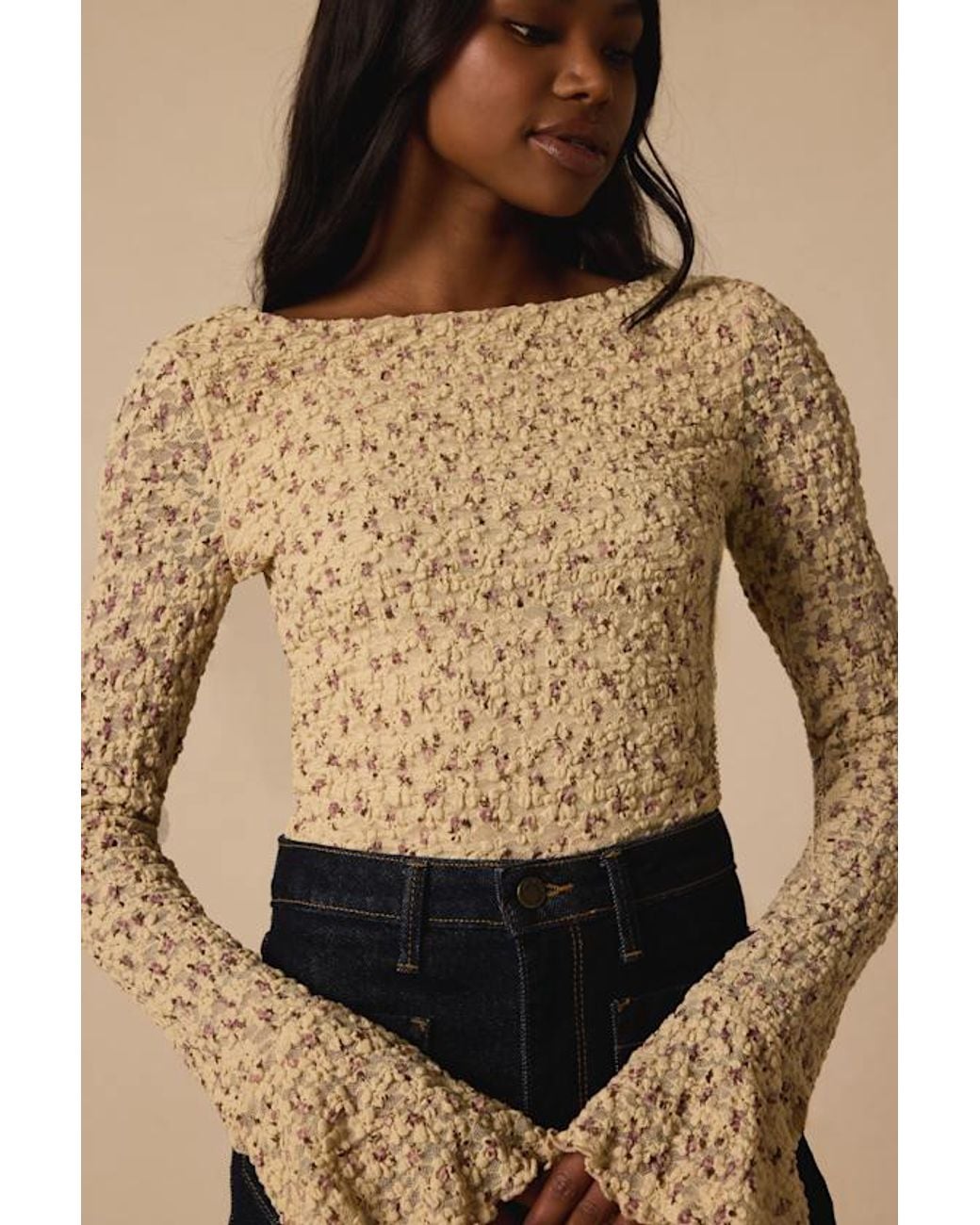 Lulus Brown Lisset Textured Floral Long Sleeve Top