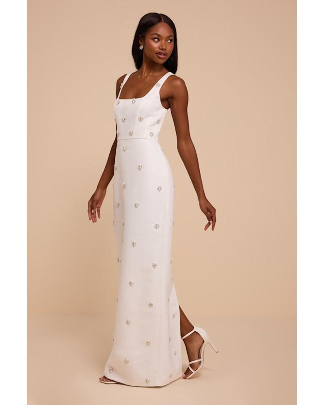 Lulus Natural Naveena Satin Pearl Rhinestone Maxi Dress