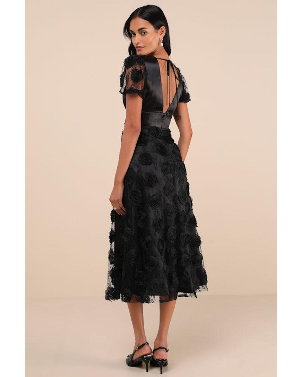 Lulus Black Gorgeous Elevation Lace Rosette Puff Sleeve Midi Dress