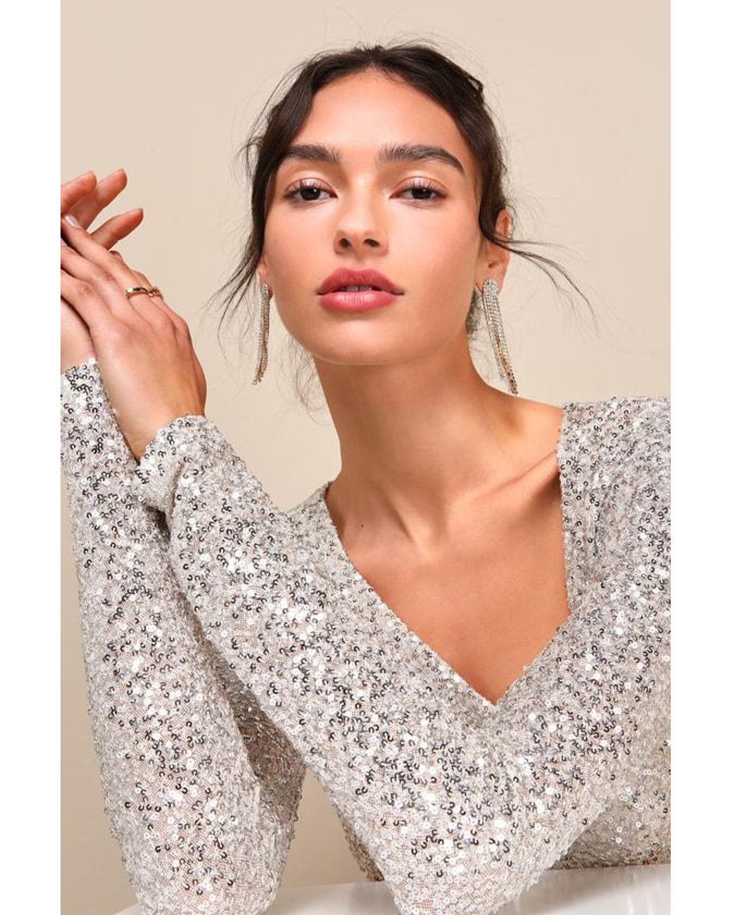 Lulus Red Unique Vibe Sequin Asymmetrical Long Sleeve Top