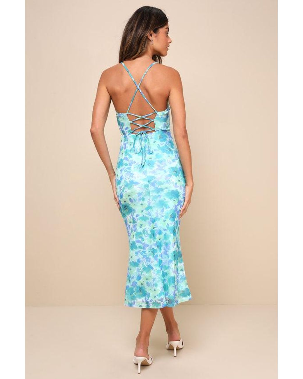Lulus Blue Total Crush Floral Print Mesh Lace-Up Midi Dress