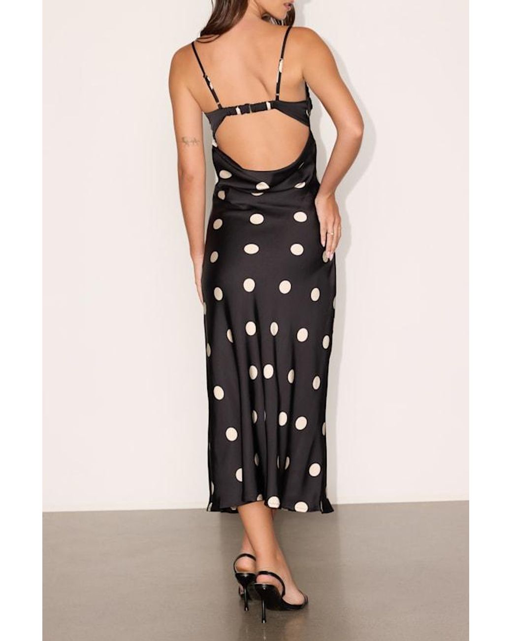 Lulus Black Maxime Polka Dot Satin Cowl Back Midi Dress