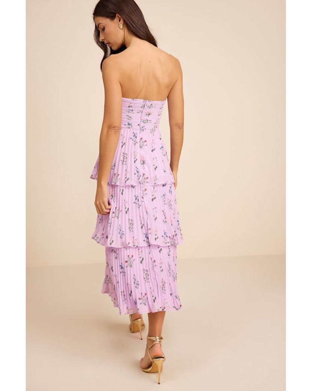 Lulus Pink Hadelyn Floral Pleated Tiered Midi Dress