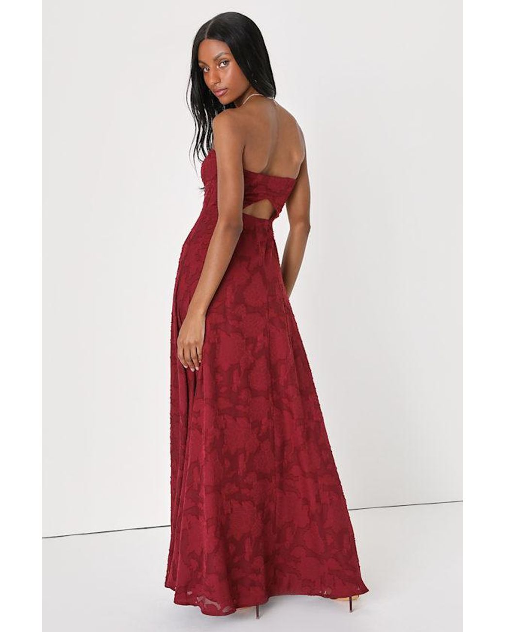 Lulus Red Garden Of Romance Floral Burnout Strapless Maxi Dress