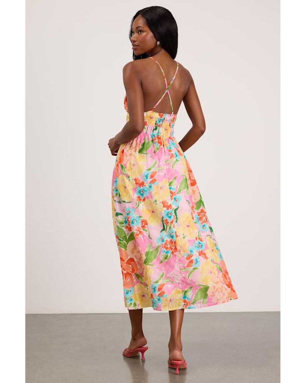Lulus Pink Layne Multi Floral Backless Midi Dress