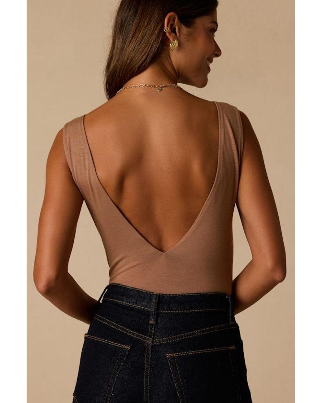Lulus Basics Brown Check You Out Sleeveless Bodysuit