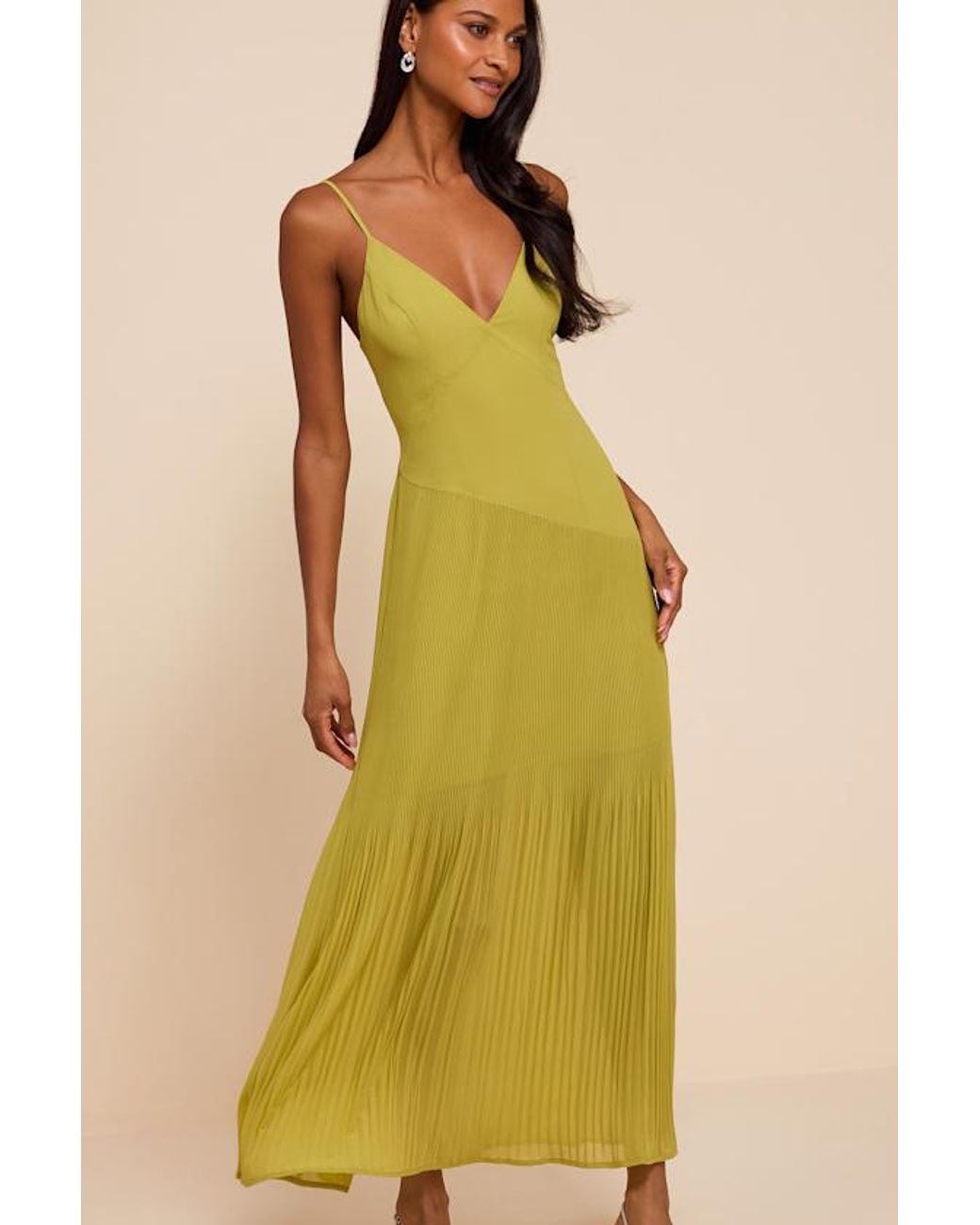 Lulus Yellow Mura Chartreuse Pleated Drop Waist Midi Dress