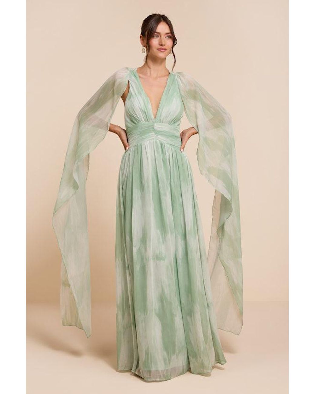 Lulus Green Damaria Sage Multi Abstract Cape Sleeve Maxi Dress