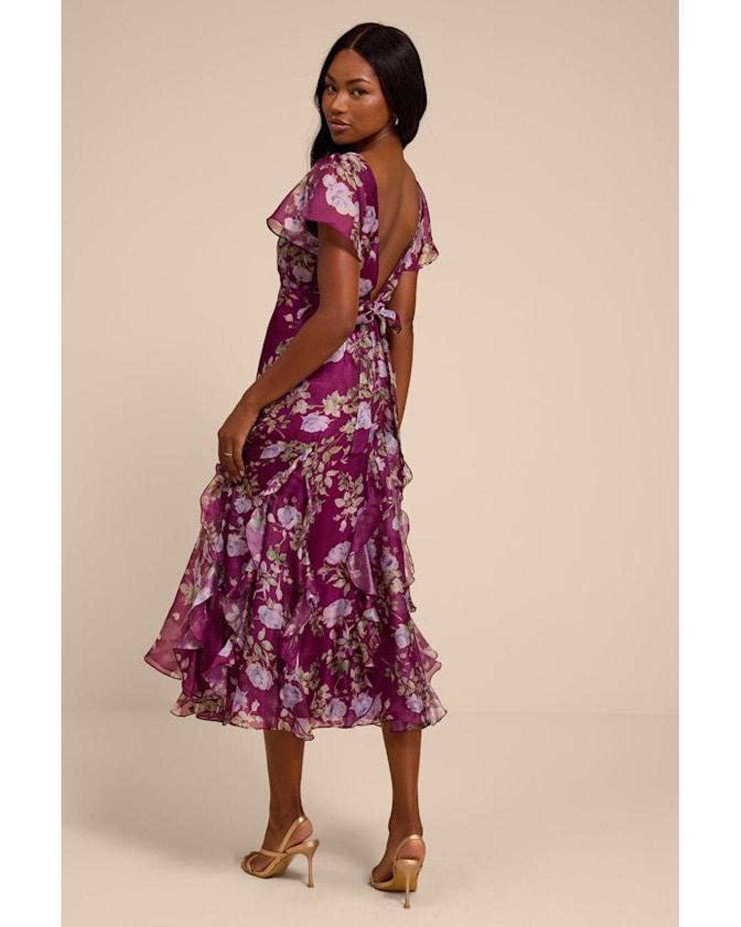 Lulus Pink Deluca Plum Floral Ruffled Midi Dress