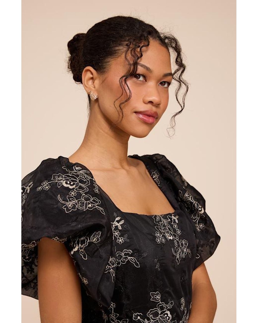 Lulus Black Cathaysa Embroidered Puff Sleeve Bow Mini Dress