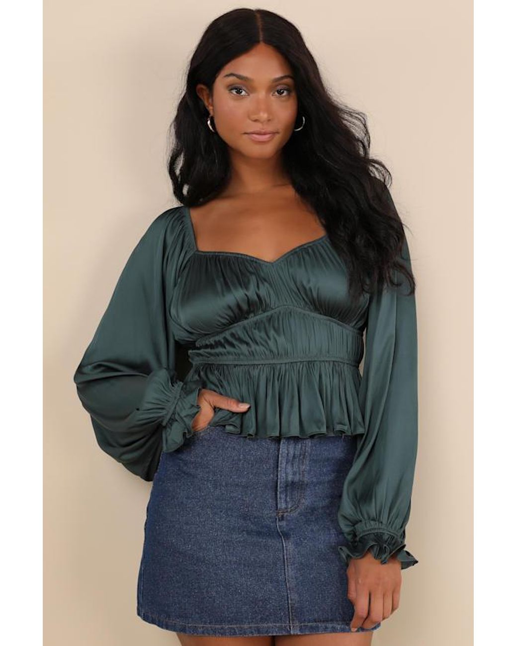 Lulus Green Sophisticate Satin Ruched Long Sleeve Top