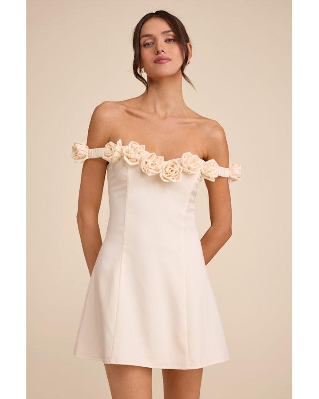 Lulus Natural Gracen Rosette Off-The-Shoulder Skater Mini Dress