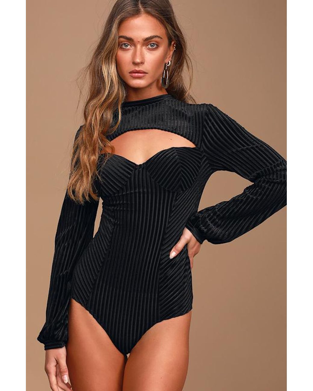 Lulus Black Always Alluring Striped Velvet Cutout Bustier Bodysuit