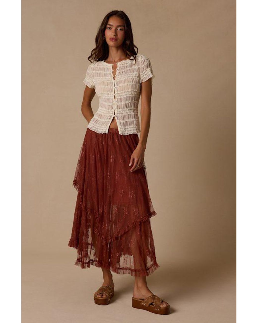 Lulus Brown Briony Lace Ruffled Midi Skirt