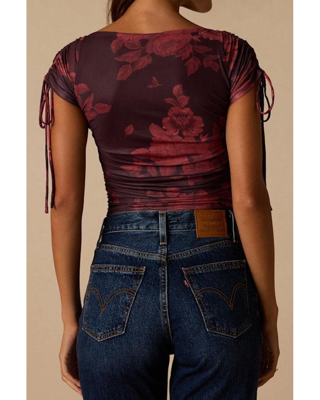 Lulus Blue Zaharina Plum Floral Mesh Ruched Short Sleeve Bodysuit