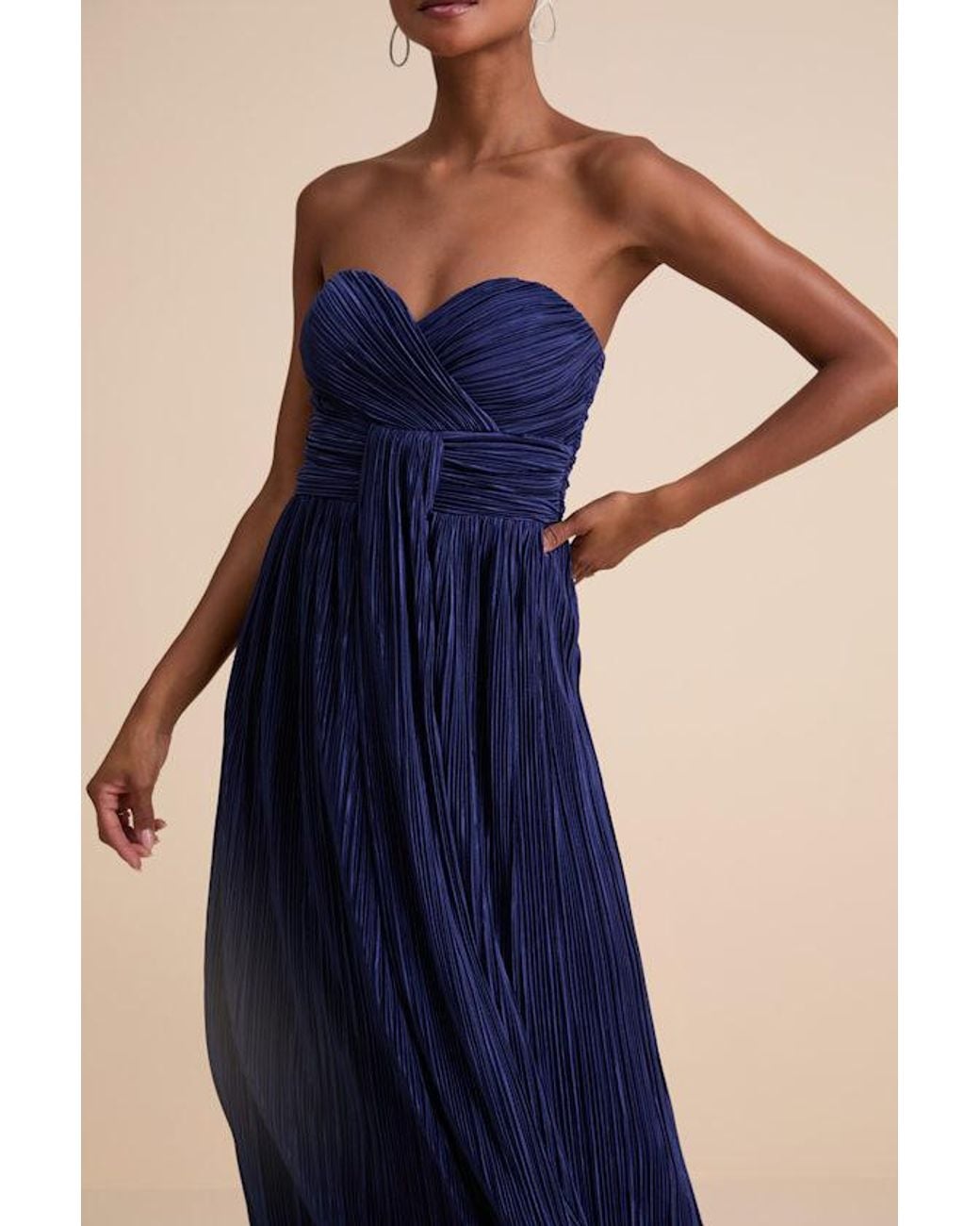 Lulus Blue Oswin Satin Plisse Strapless Maxi Dress