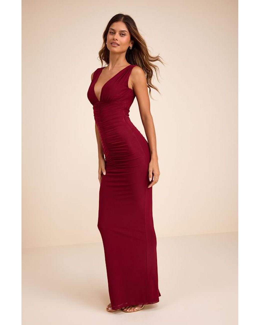 Lulus Red Aveline Jersey Knit Ruched Bodycon Maxi Dress