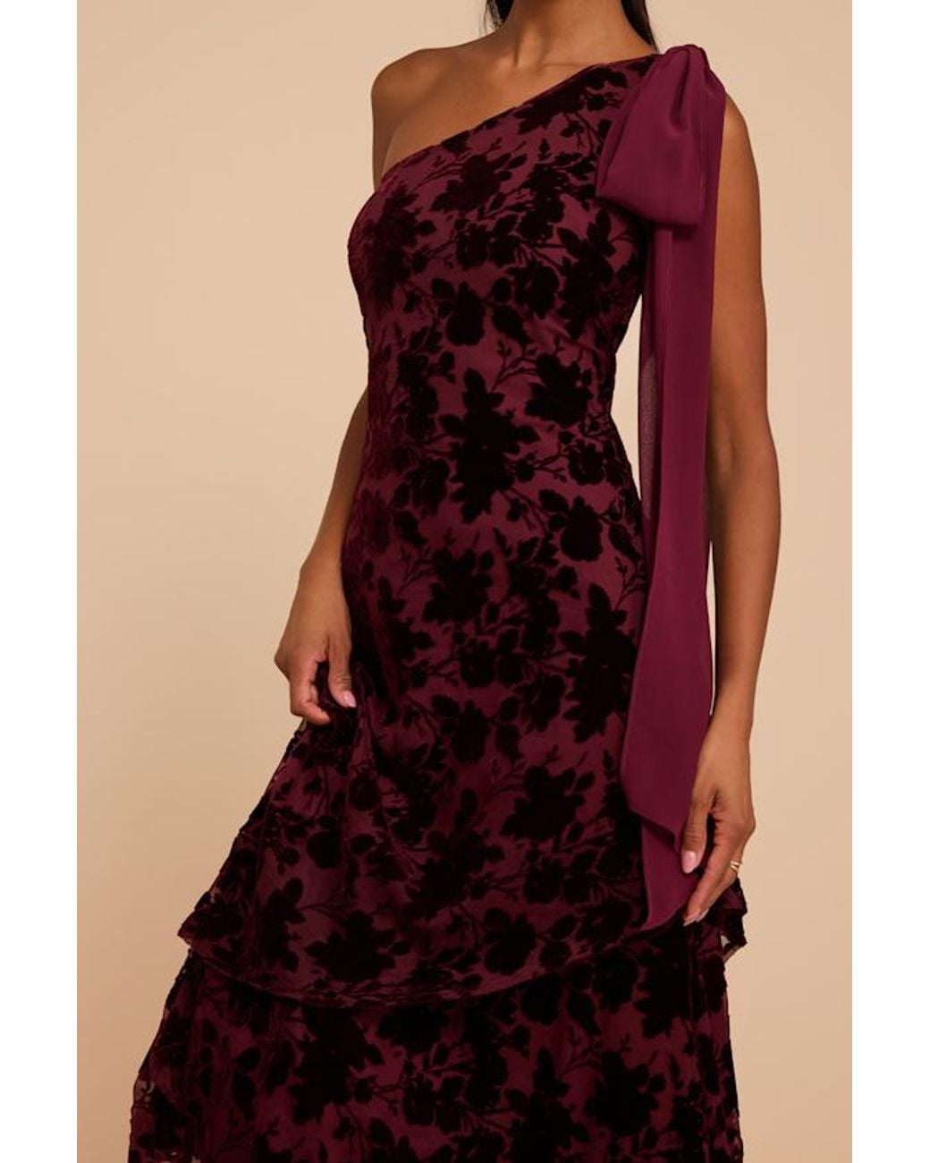 Lulus Red Camellia Burnout Velvet One-Shoulder Bow Maxi Dress