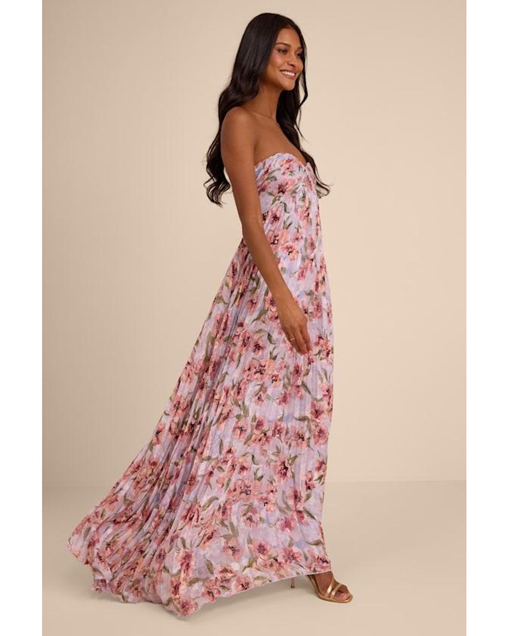 Lulus Pink Nola Floral Pleated Strapless Maxi Dress