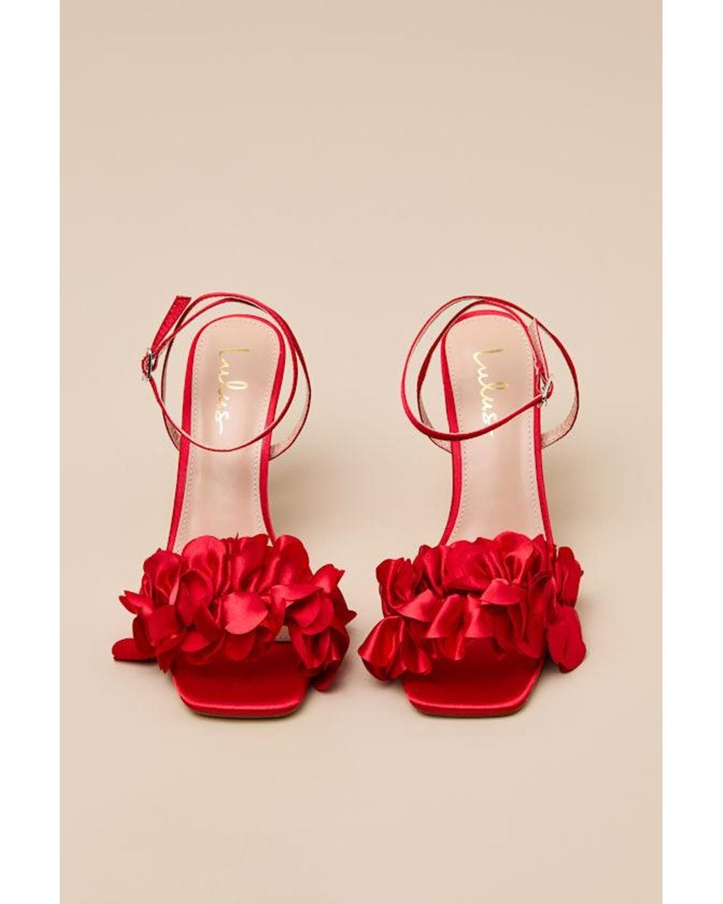 Lulus Red Kappa Satin Ruffled Ankle Strap High Heel Sandals