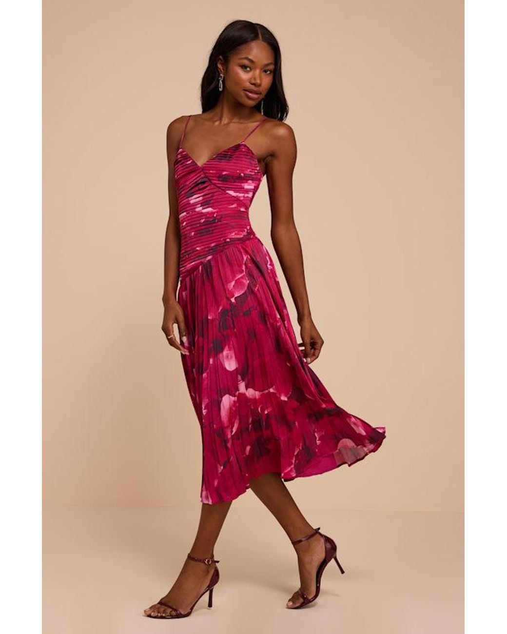 Lulus Red Donya Pleated Midi Dress