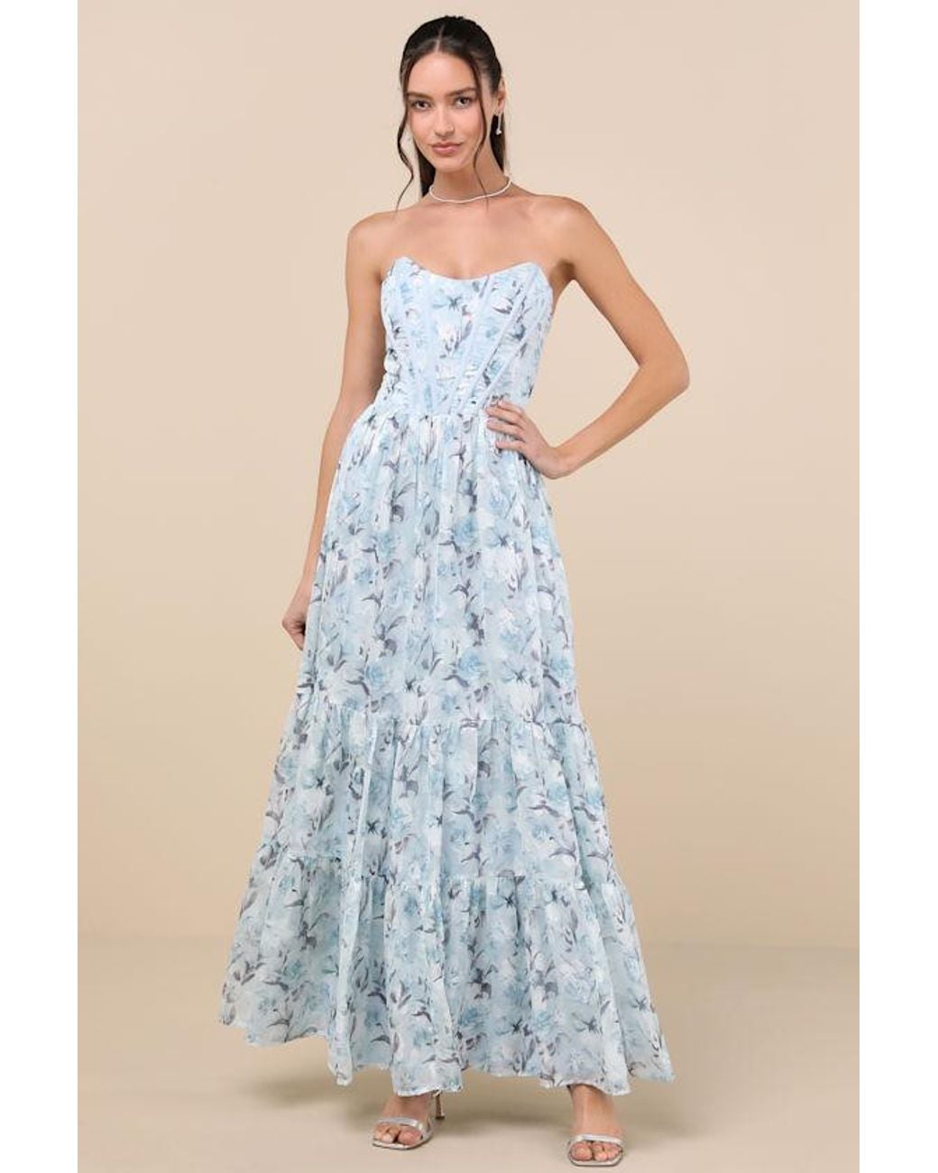 Lulus Blue Special Moment Floral Strapless Bustier Maxi Dress