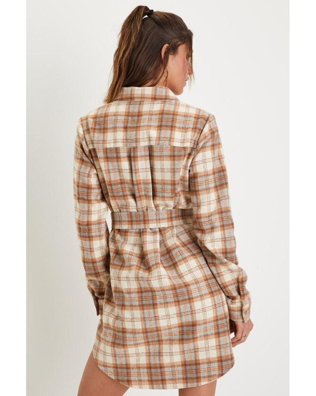 Lulus Natural Plaid Behavior And Plaid Long Sleeve Mini Dress