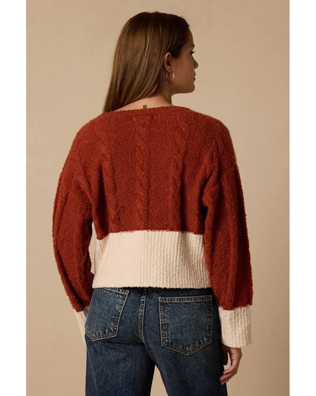 Lulus Red Convincingly Cozy Rust And Cream Cable Knit Boucle Cardigan
