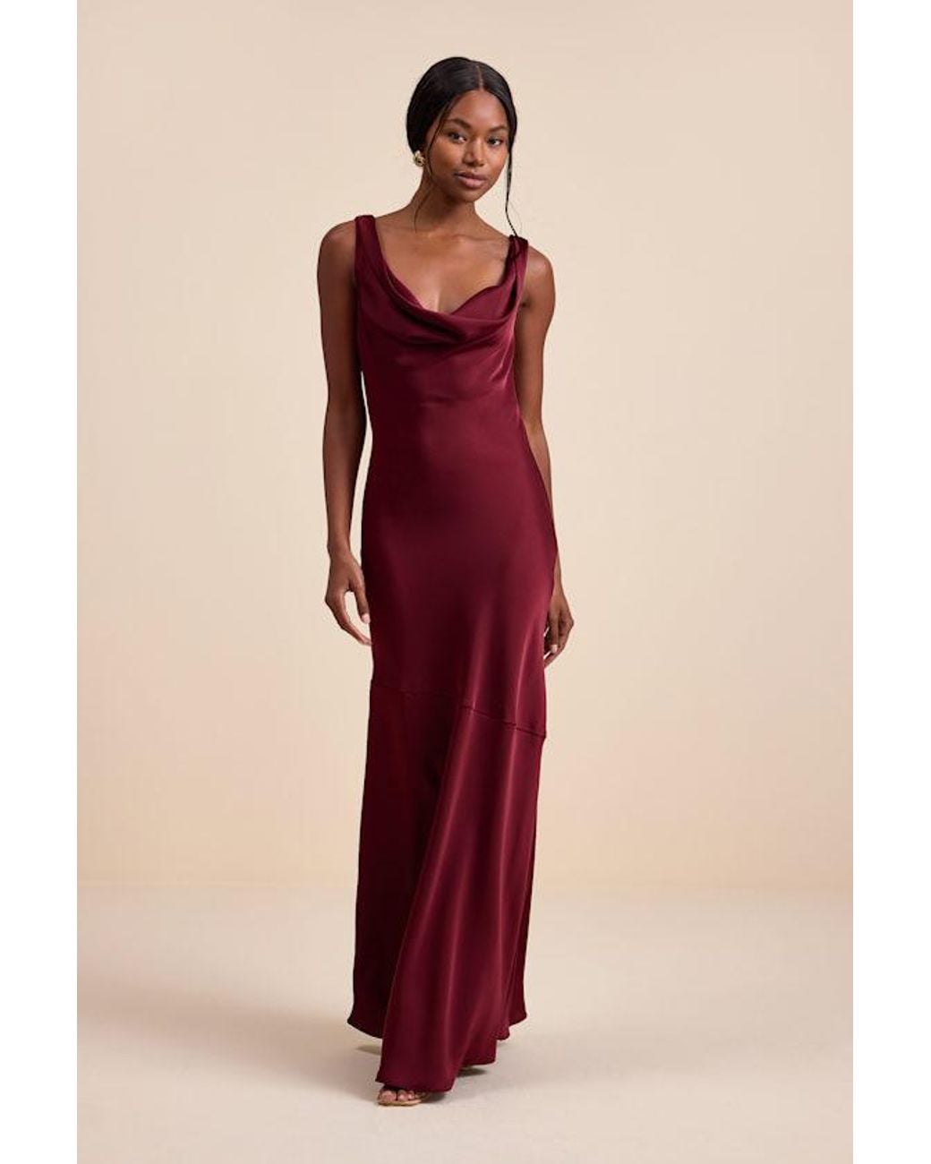 Lulus Red Aernah Satin Cowl Tie-Back Slip Maxi Dress