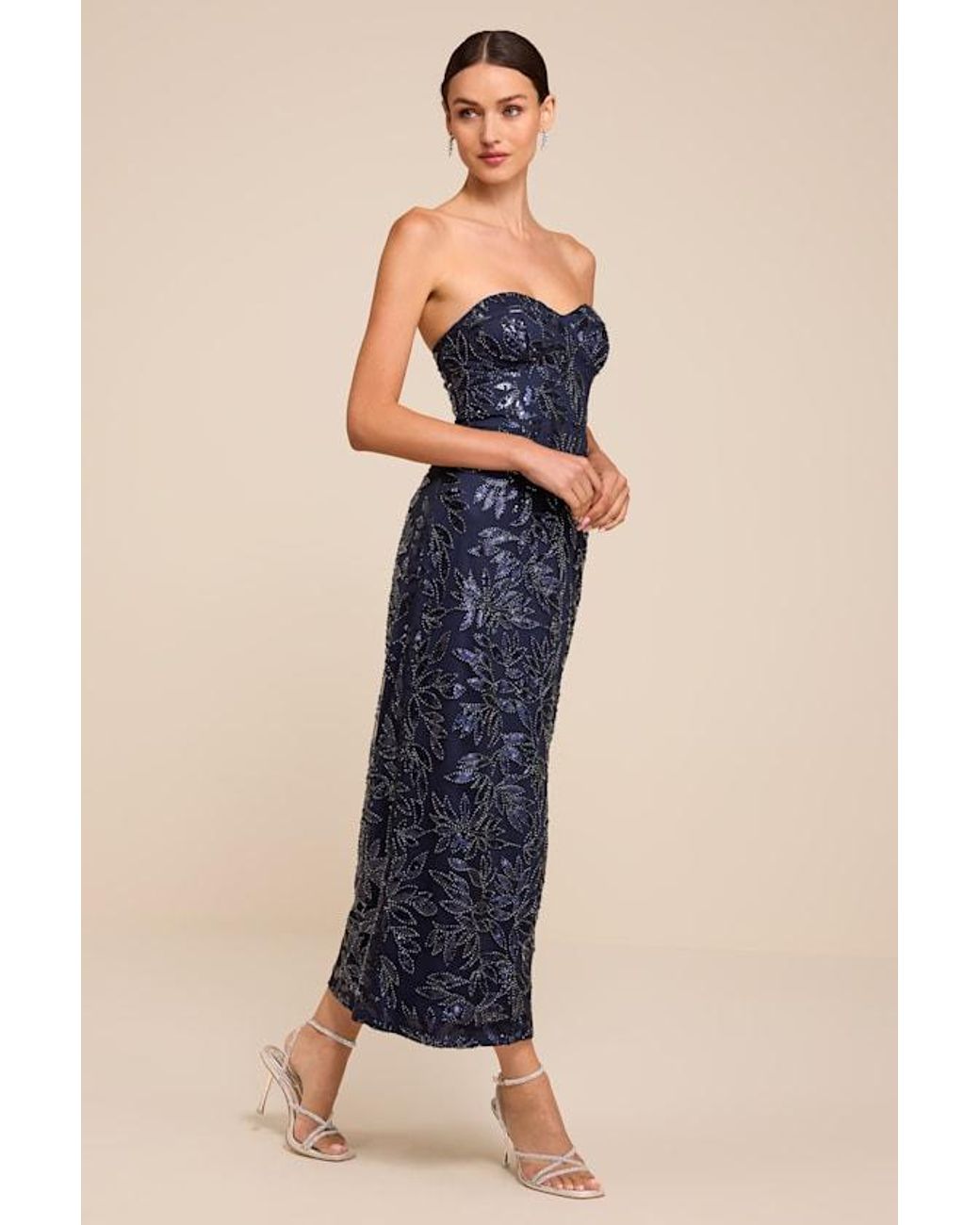 Lulus Blue Beyza Sequin Beaded Strapless Midi Dress
