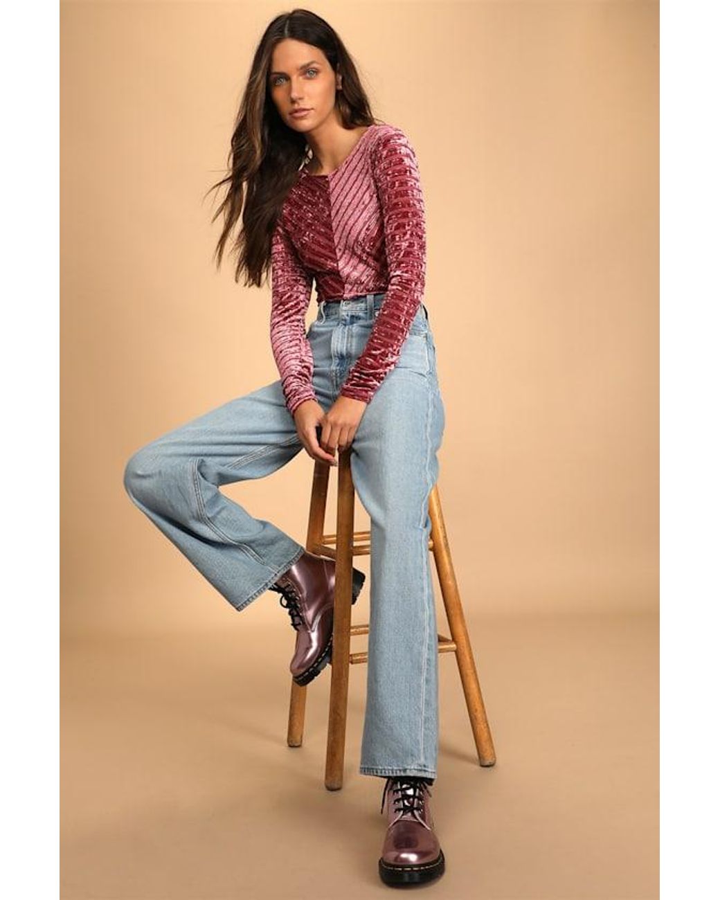 Lulus Red Save The Date Dusty Velvet Striped Long Sleeve Bodysuit