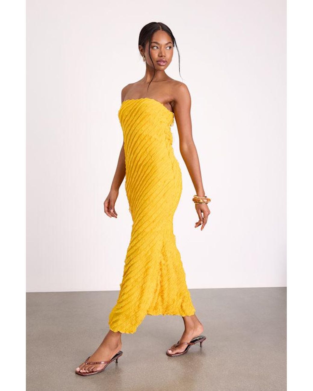 Lulus Yellow Faelyn Strapless Ruffled Midi Dress