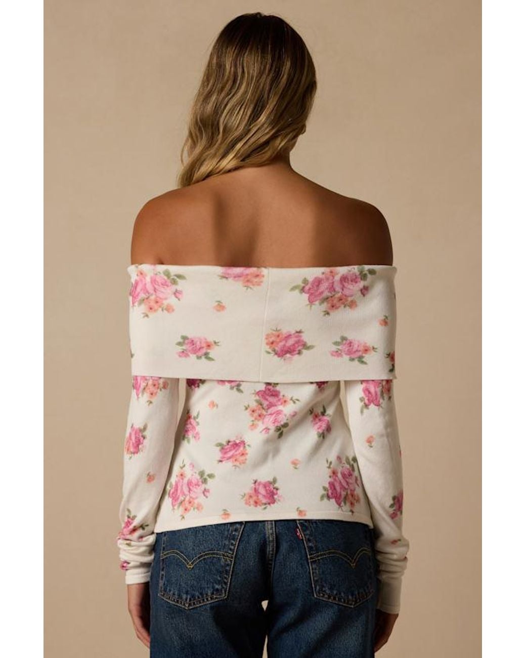 Lulus White Prina Rose Print Off-The-Shoulder Sweater Top