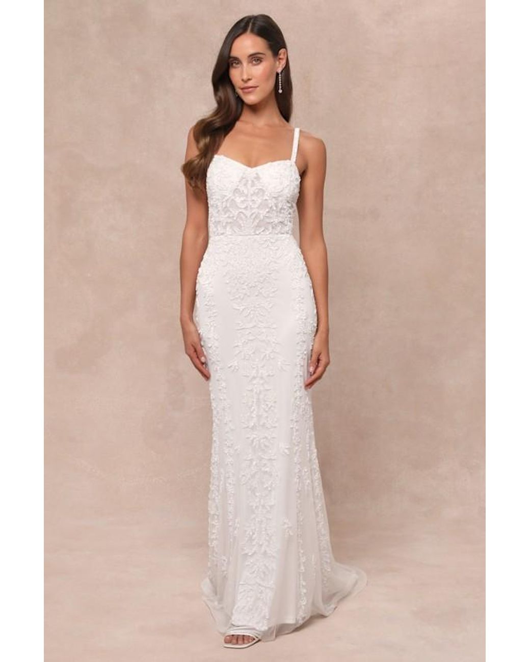 Lulus Natural Momentous Love Beaded Bustier Mesh Mermaid Maxi Dress