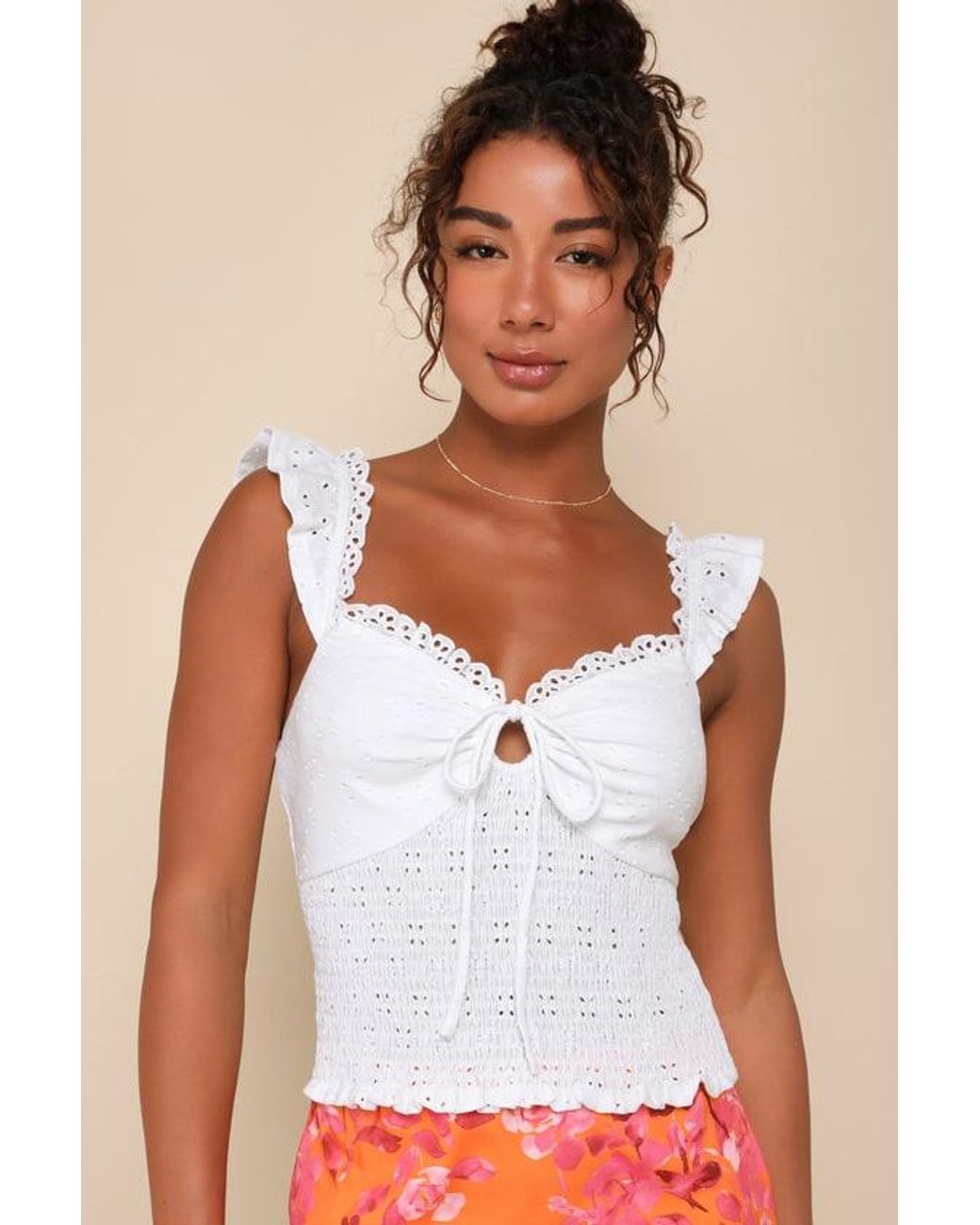 Lulus White Perfect Sweetness Eyelet Ruffled Keyhole Smocked Top