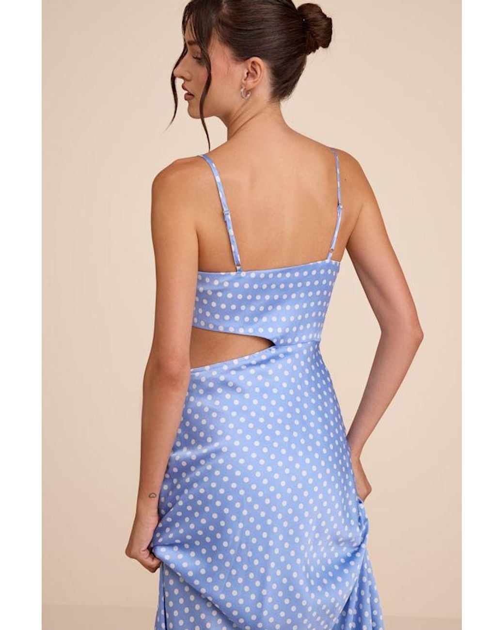 Lulus Blue Amella Polka Dot Satin Asymmetrical Dress