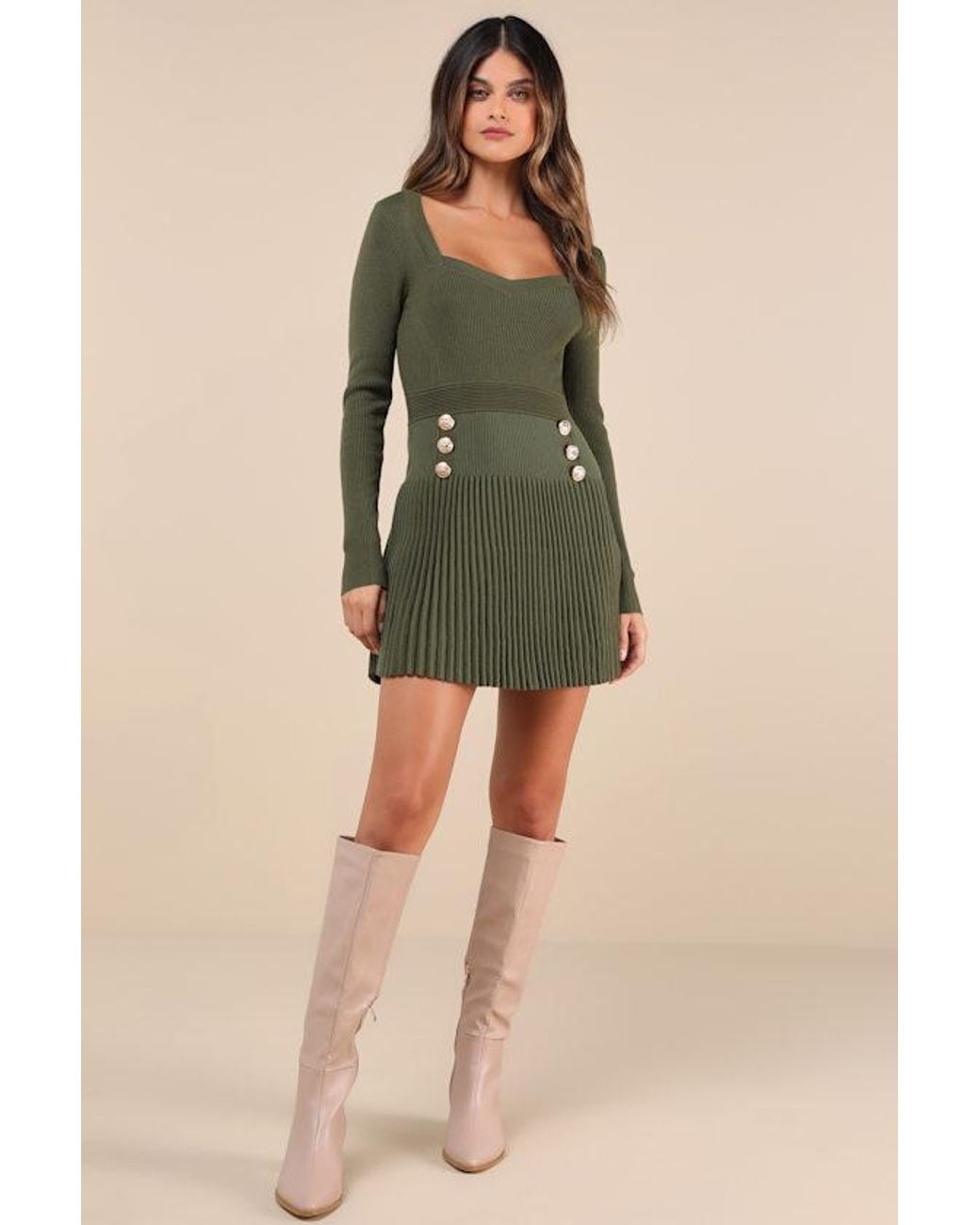 Lulus Green Chicest Crush Ribbed Long Sleeve Mini Sweater Dress