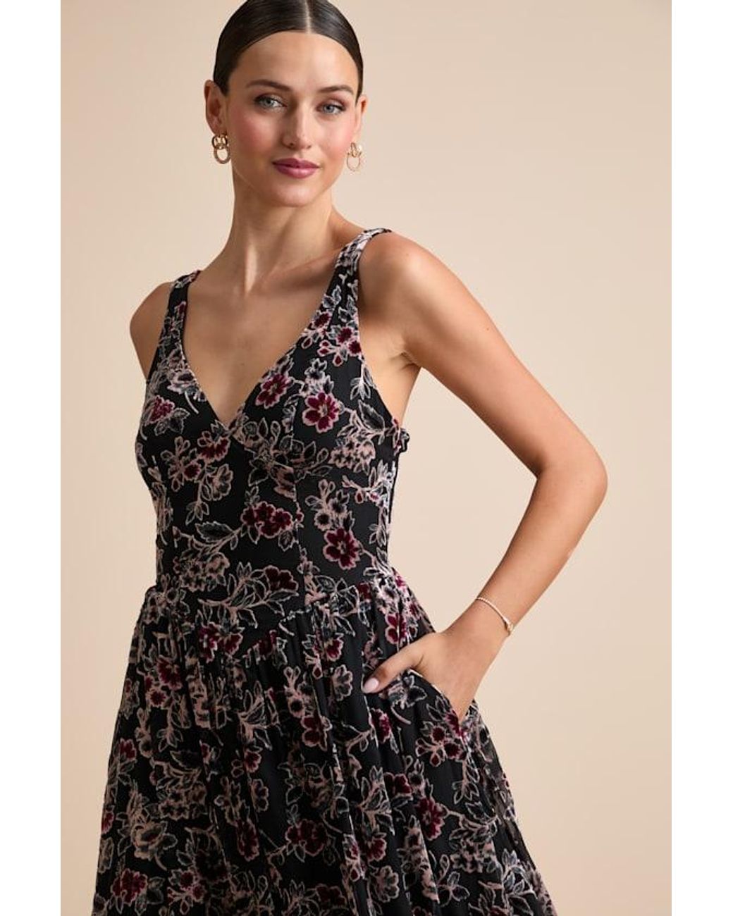 Lulus Natural Priella Velvet Burnout Lace-Up Midi Dress
