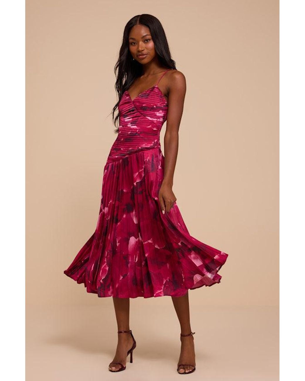 Lulus Red Donya Pleated Midi Dress