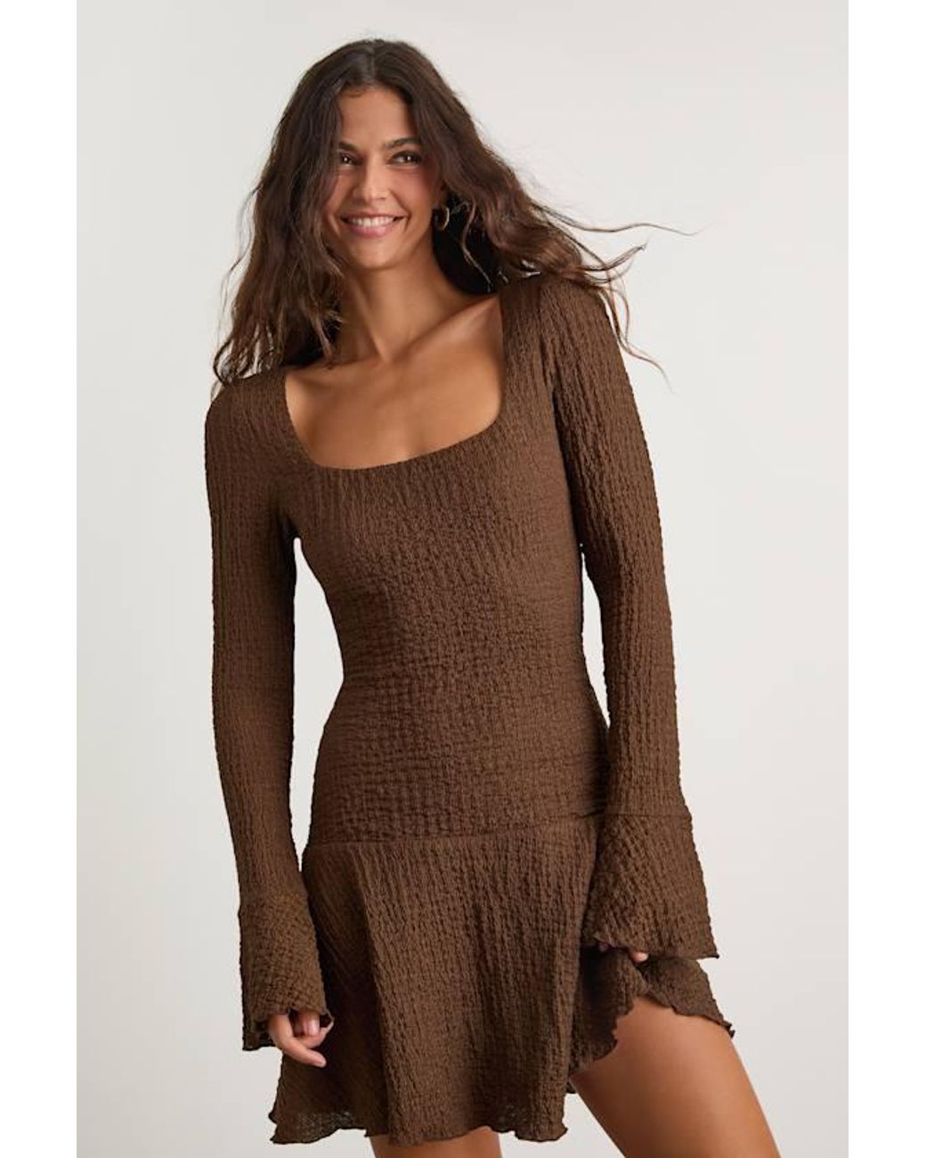 Lulus Brown Radleigh Textured Long Sleeve Drop Waist Mini Dress
