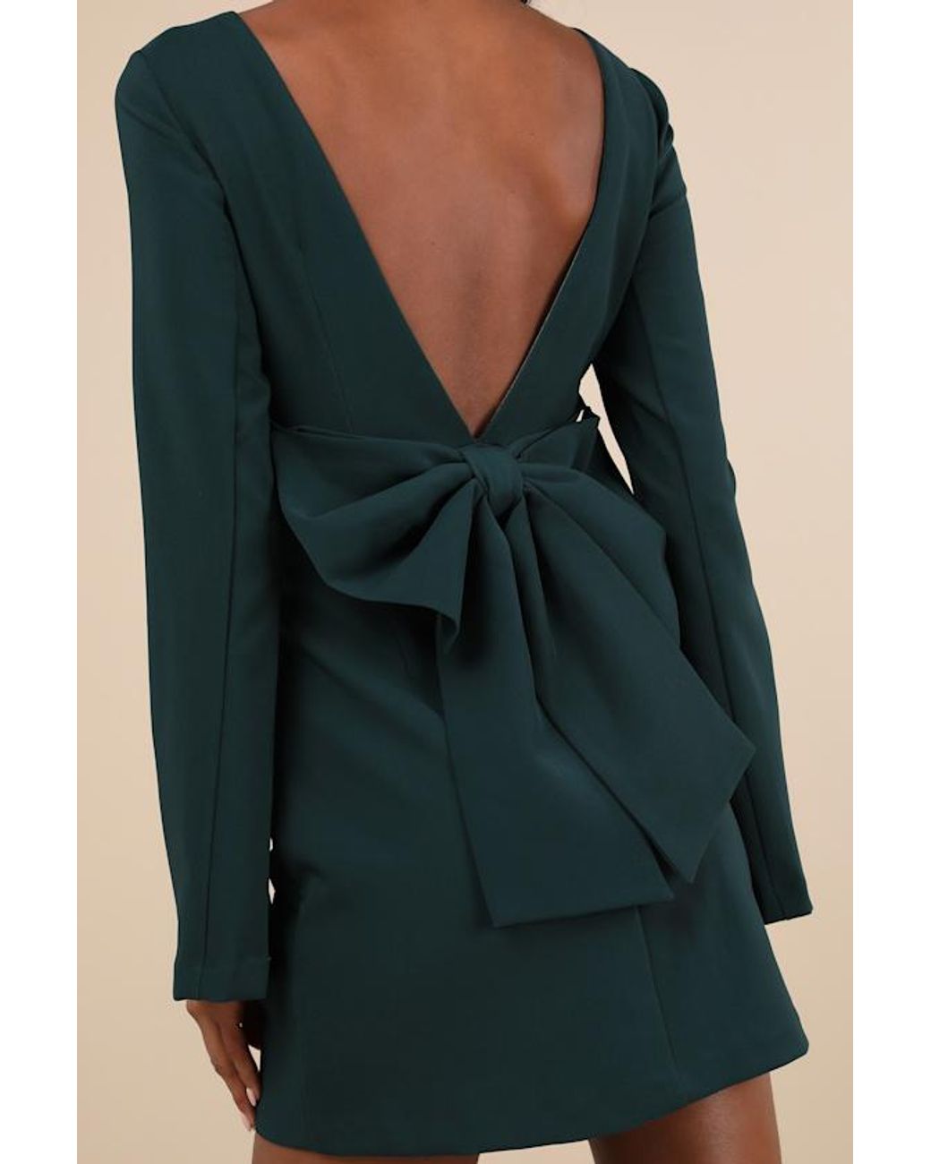 Lulus Blue Elegant Cutie Emerald Bow Long Sleeve Backless Mini Dress