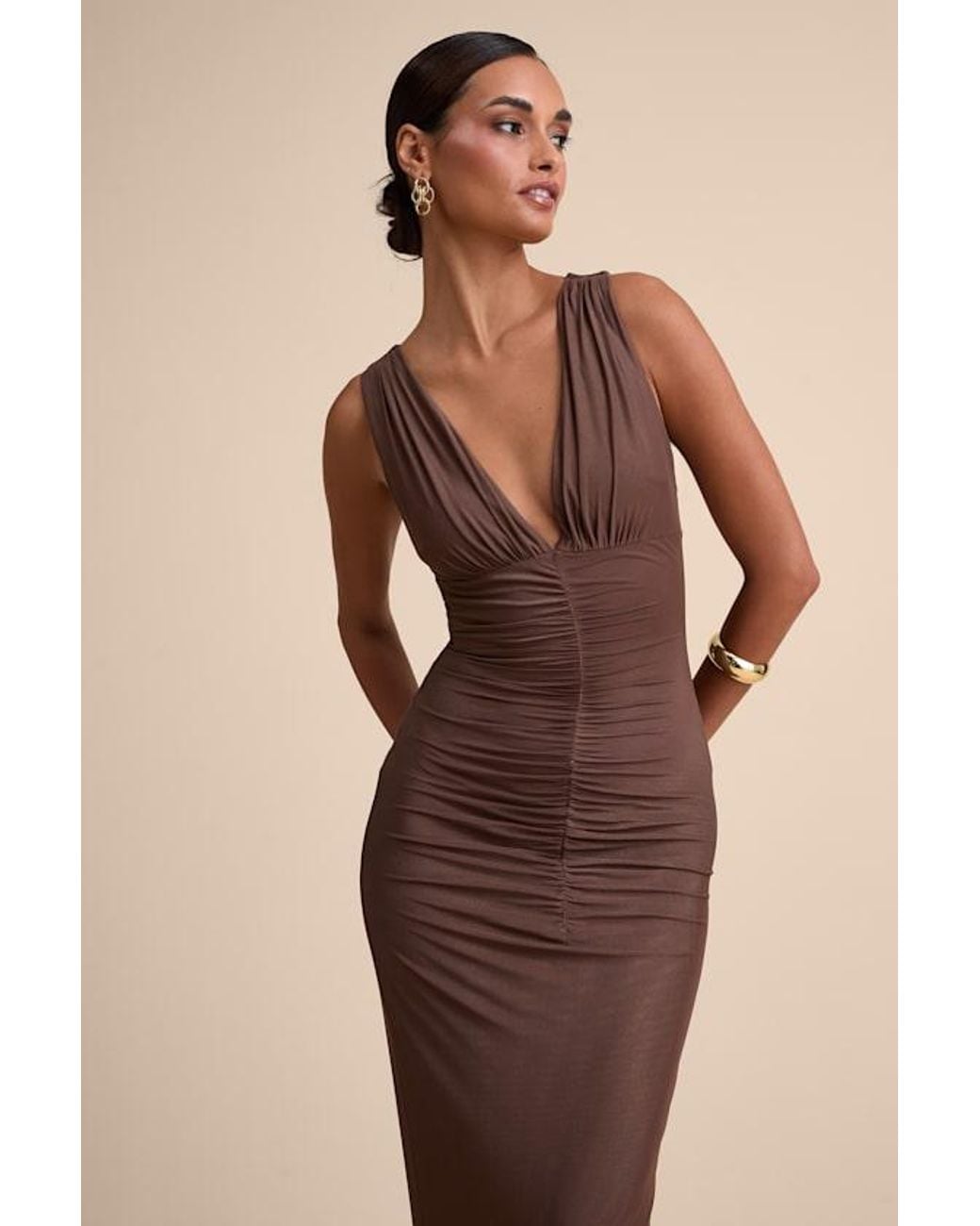 Lulus Brown Aveline Jersey Knit Ruched Bodycon Maxi Dress