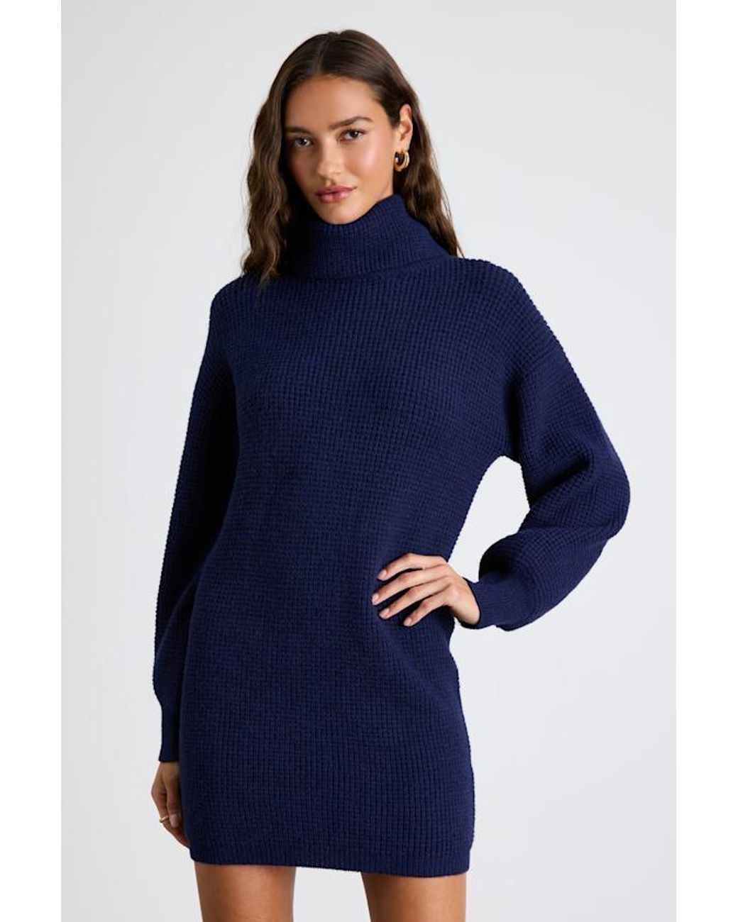 knit warm blue dress Henley Frill Knitted Dress-Denim Blue main image 1