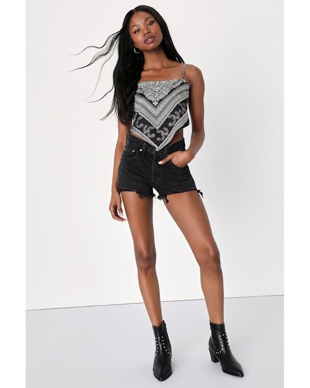 Lulus Black Rodeo Romance Paisley Bandana Print Handkerchief Top